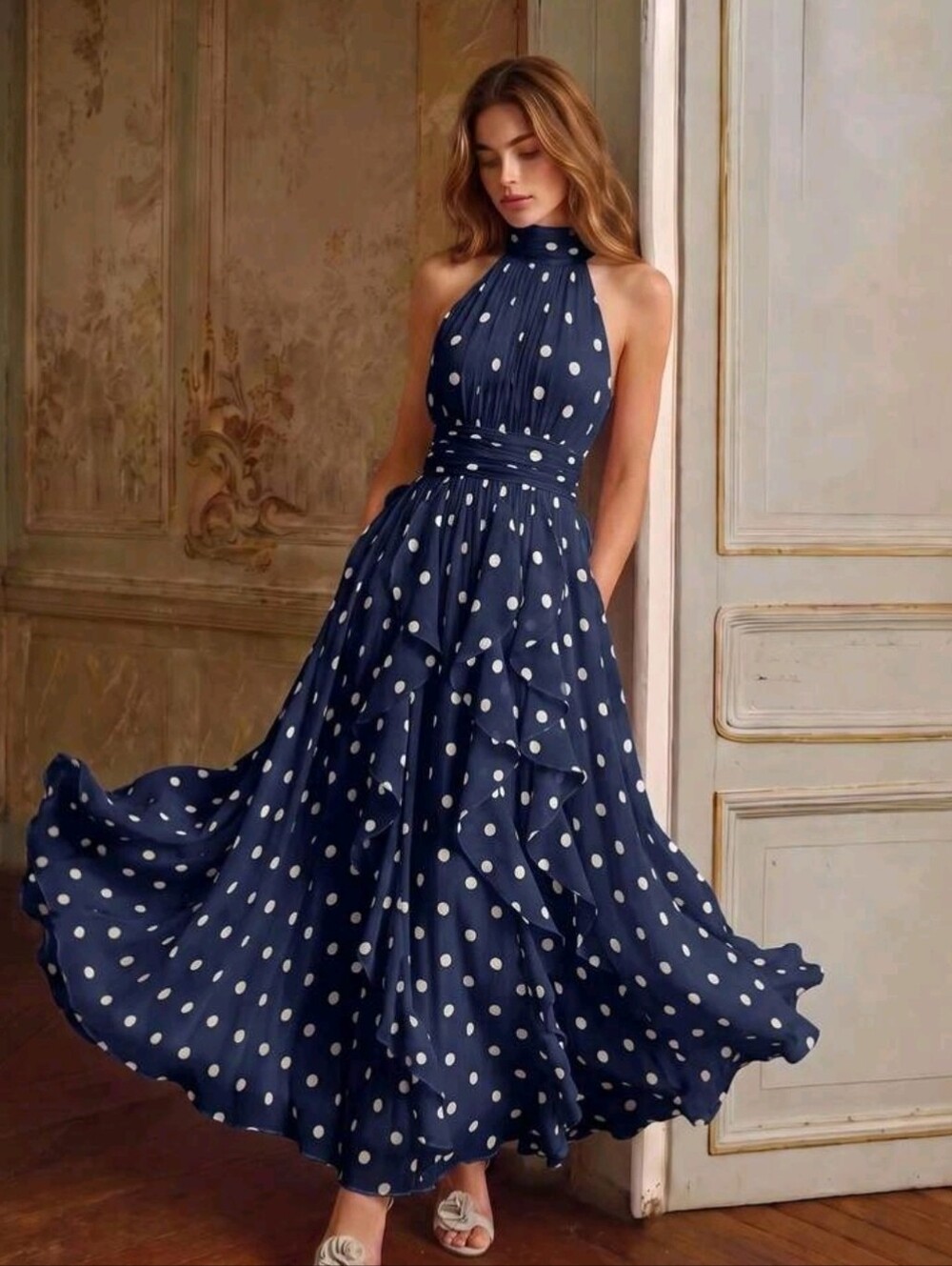 New Flowy Chiffon Polka Dot Ruffle Halter Maxi Dress Navy Blue White - Picture 6 of 13